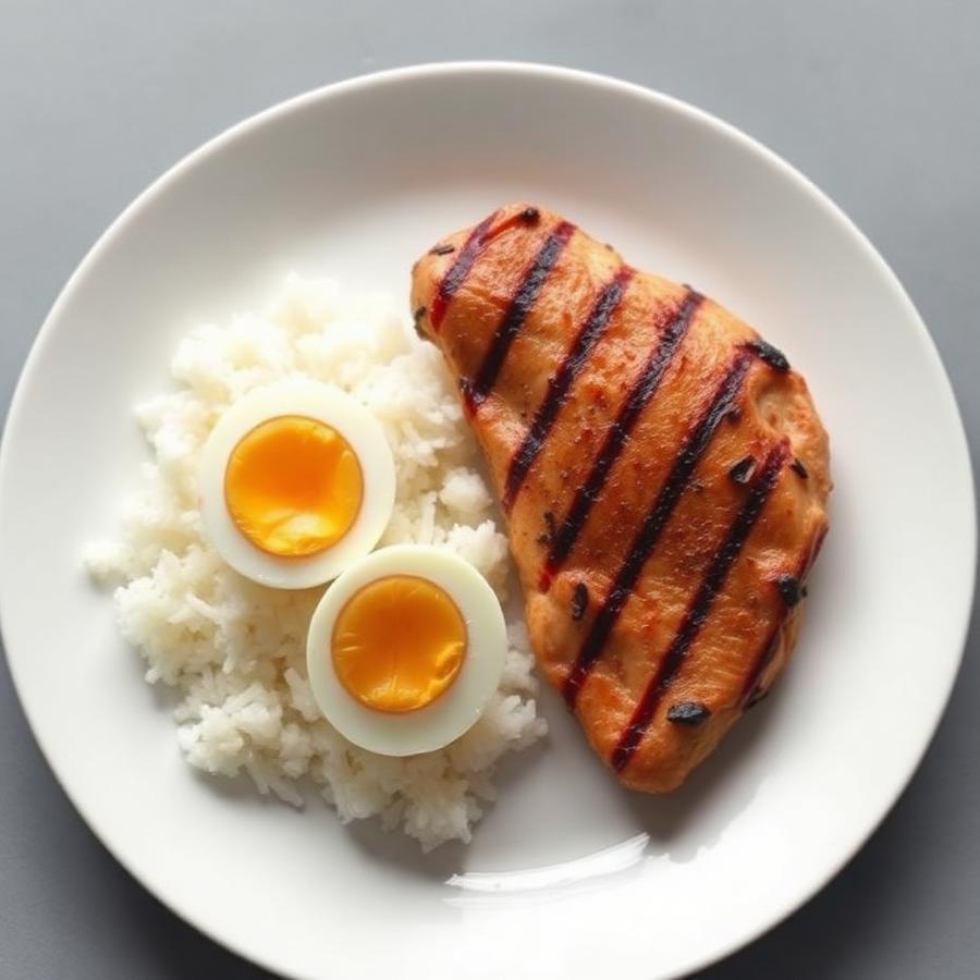Prato simples e repetitivo de frango, arroz e ovo