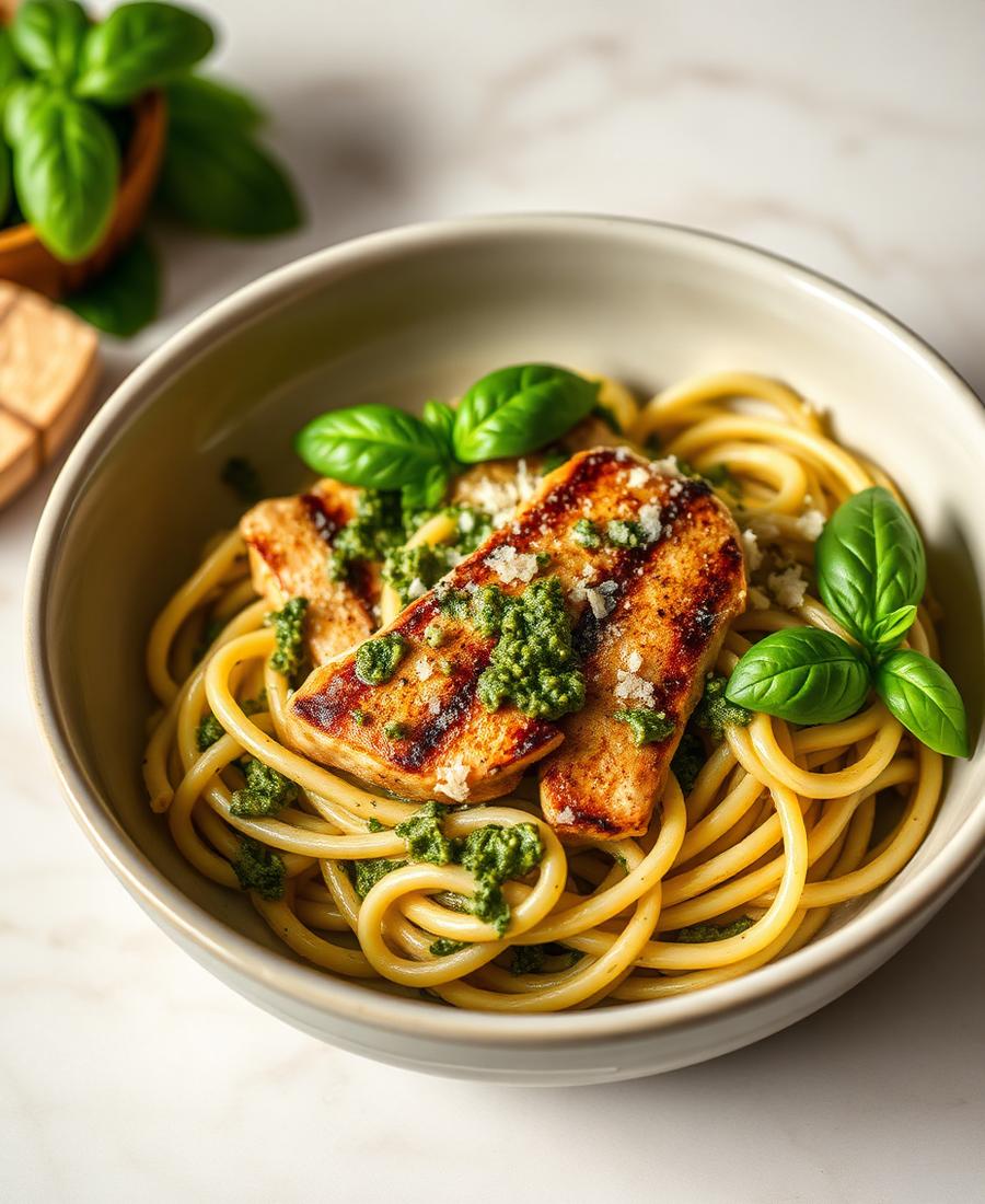 Massa proteica ao pesto com frango grelhado