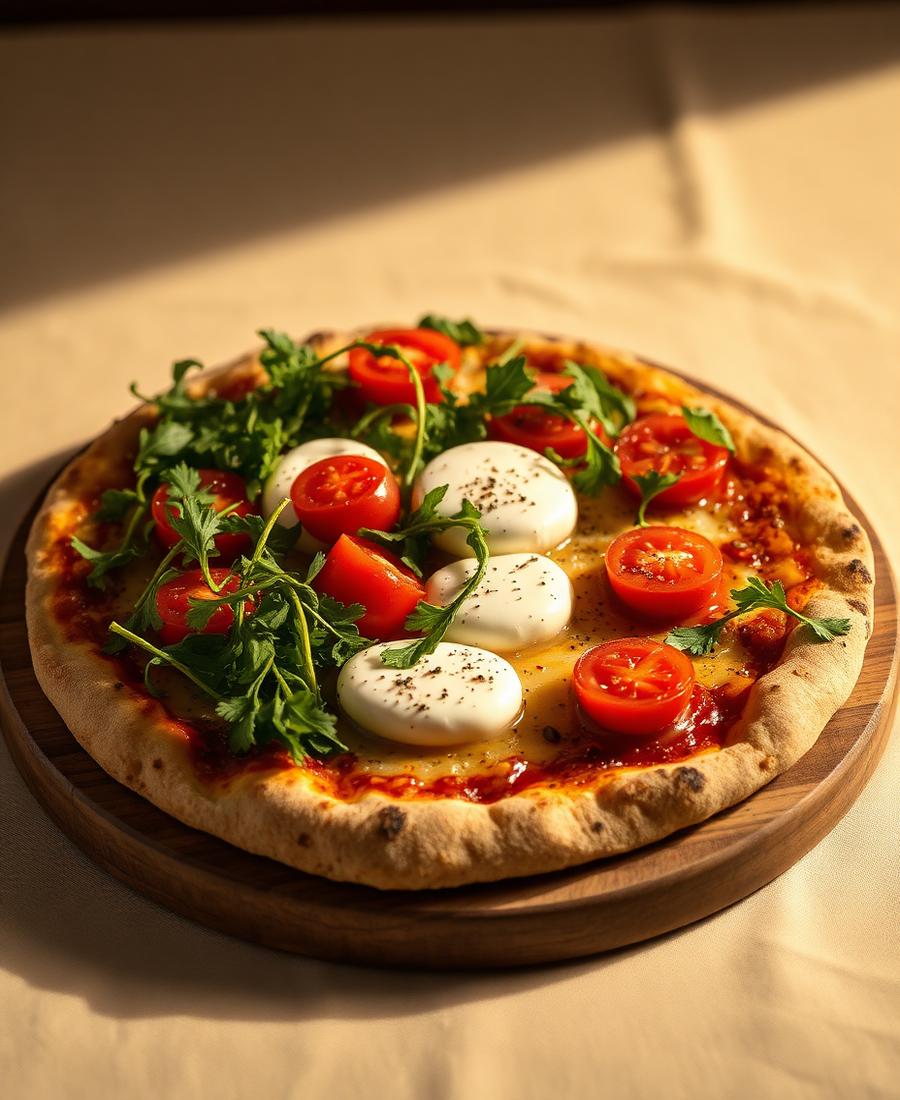 Pizza italiana com mussarela de búfala e rúcula
