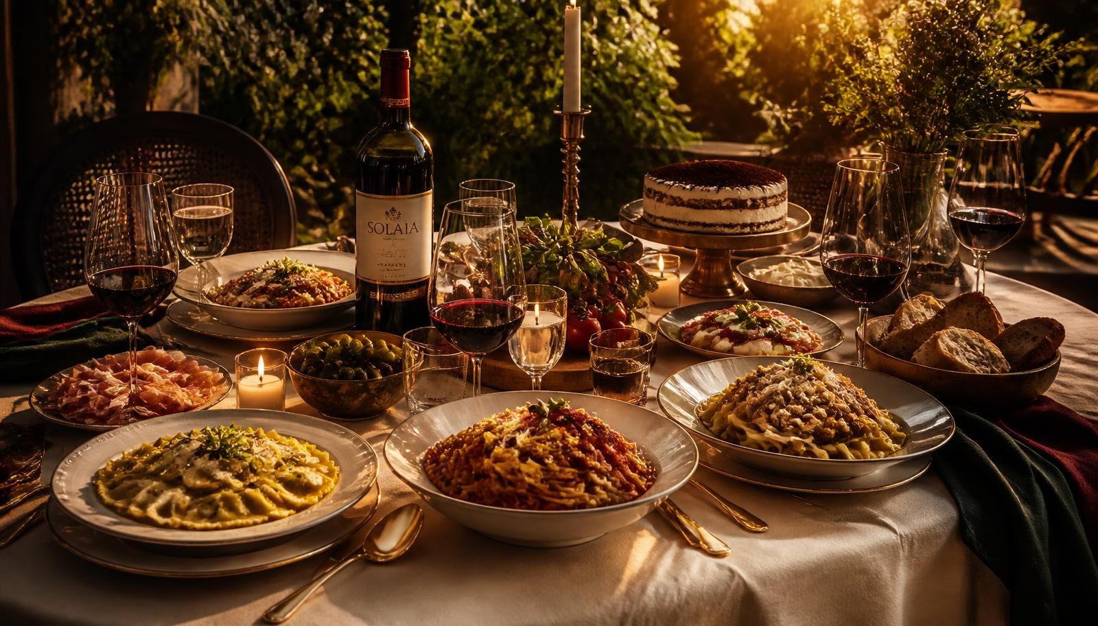 Mesa italiana sofisticada com diversos pratos e sobremesas