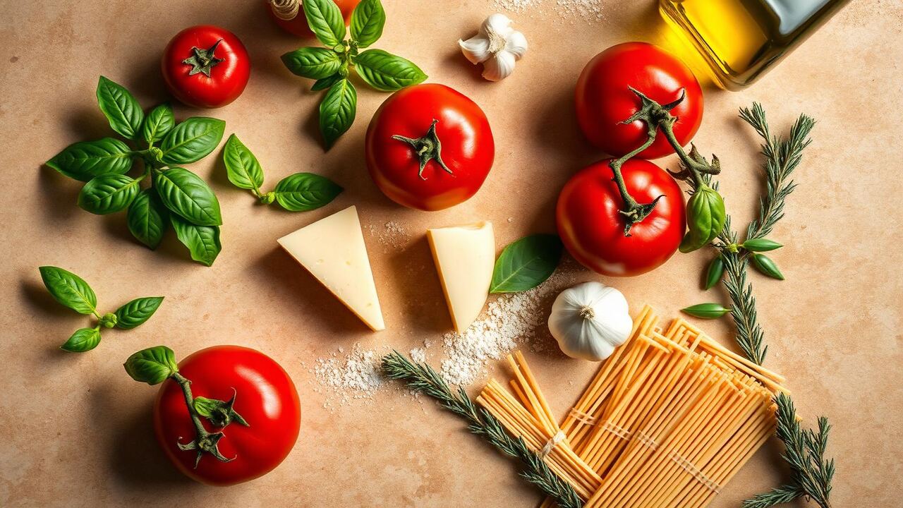 Ingredientes italianos frescos dispostos artisticamente sobre a mesa