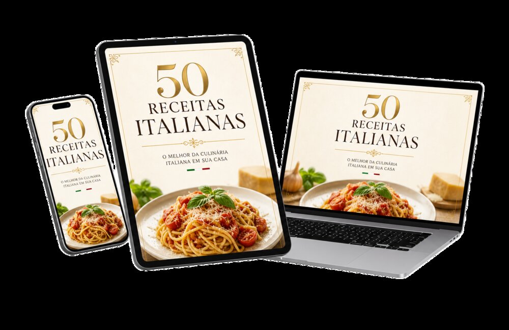 Mockup do ebook 50 Receitas Italianas no celular, tablet e computador